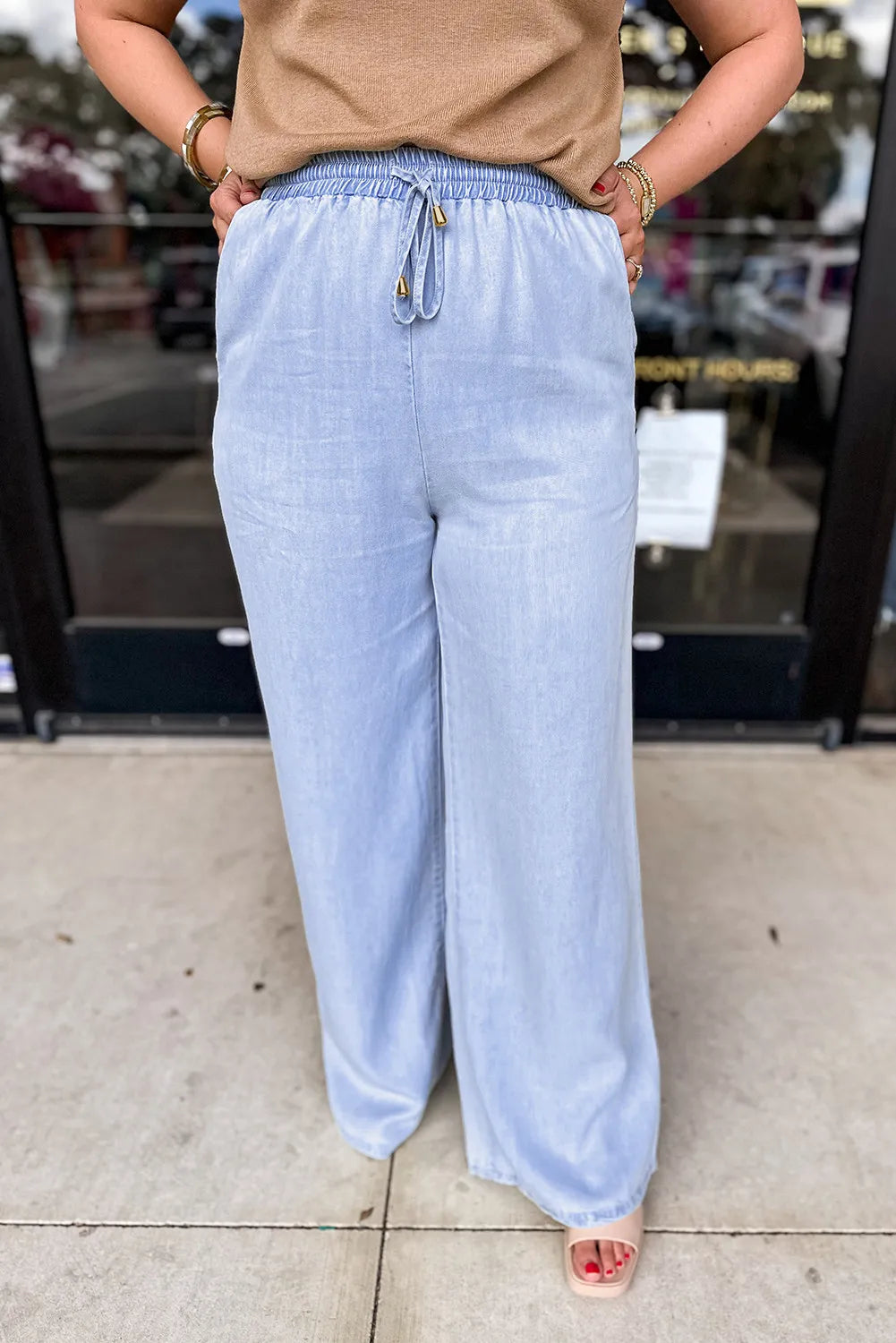 Plus Size Drawstring Wide Leg Jeans Light Blue