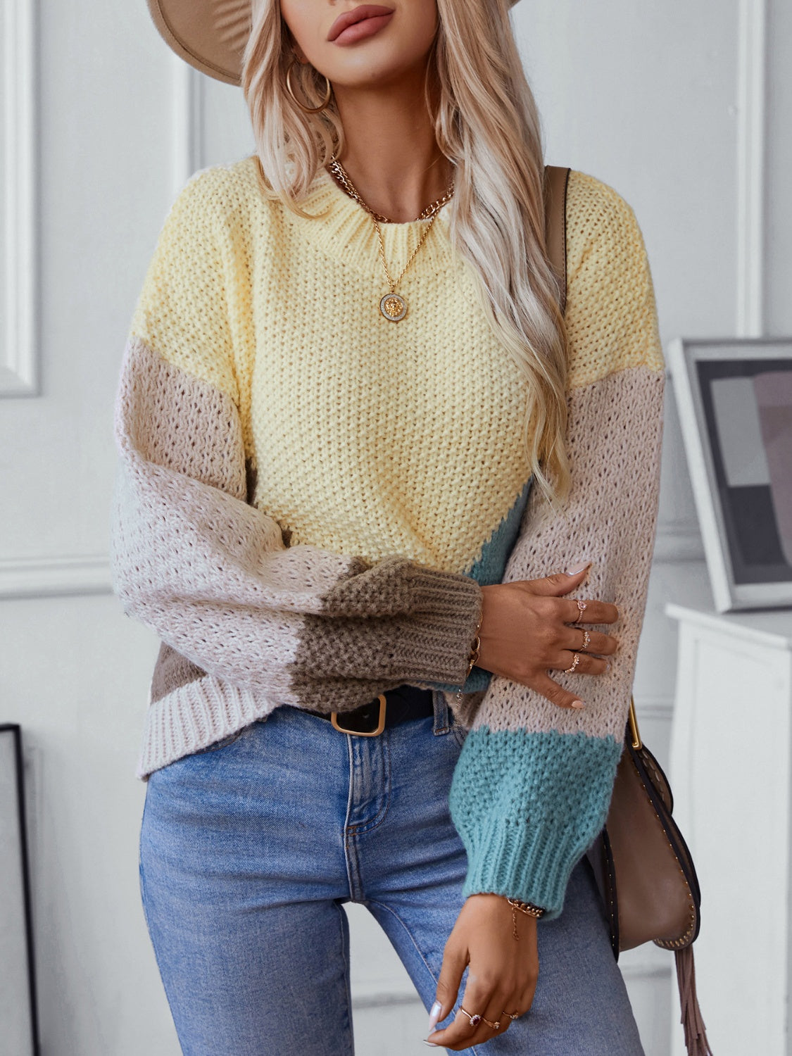 Color Block Round Neck Dropped Shoulder Sweater