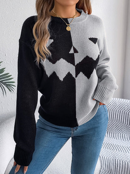 Contrast Round Neck Long Sleeve Sweater Gray