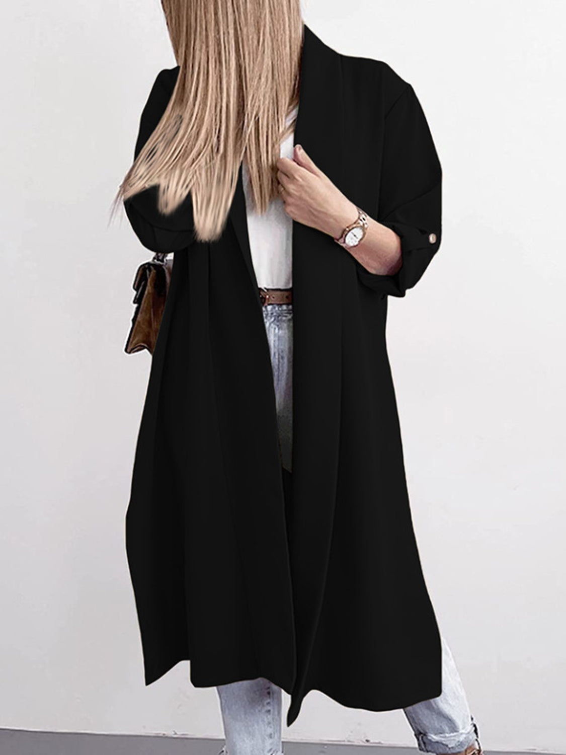 Slit Open Front Roll-Tab Sleeve Trench Coat Black