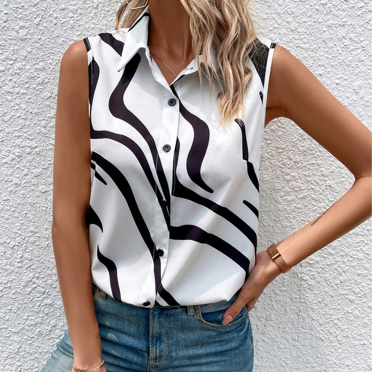 Button Up Printed Collared Neck Top White L