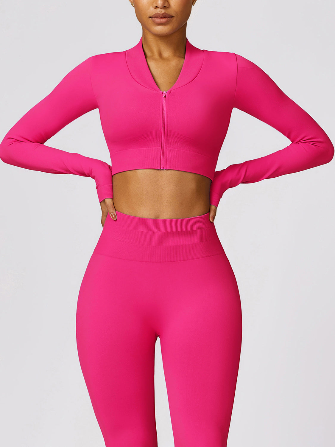 Zip Up Baseball Collar Long Sleeve Active Outerwear Hot Pink