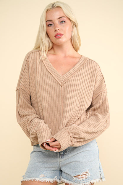 VERY J Exposed Seam V-Neck Ribbed Knit Top Mocha