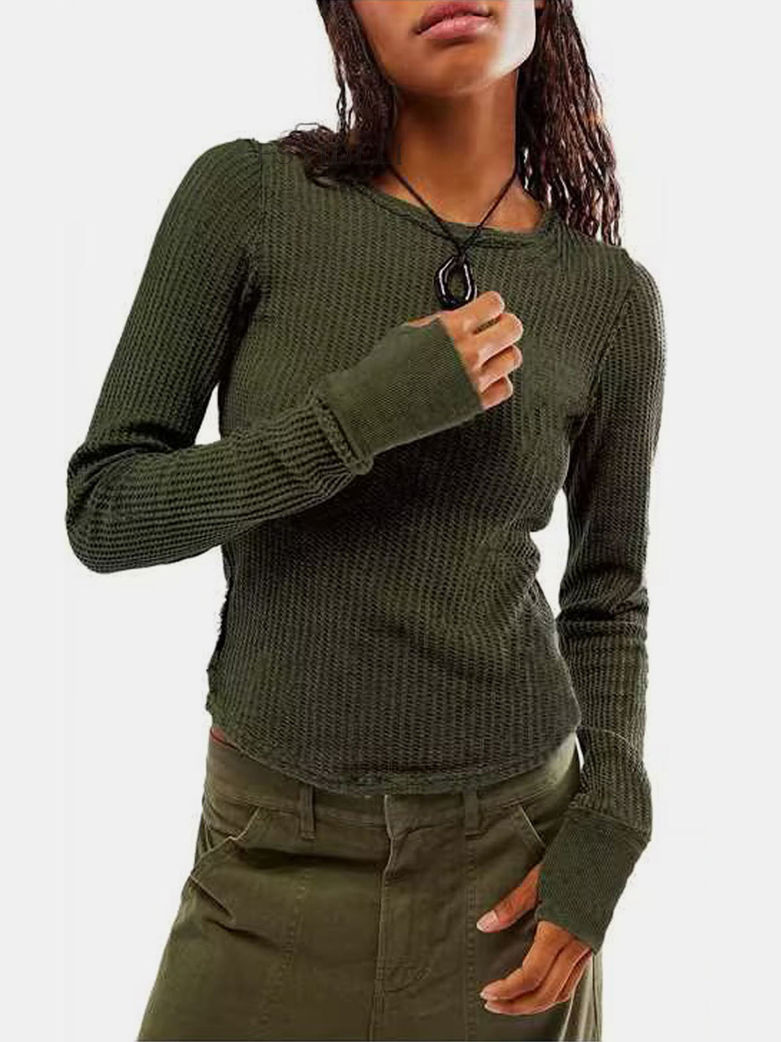 Exposed Seam Round Neck Long Sleeve T-Shirt Army Green