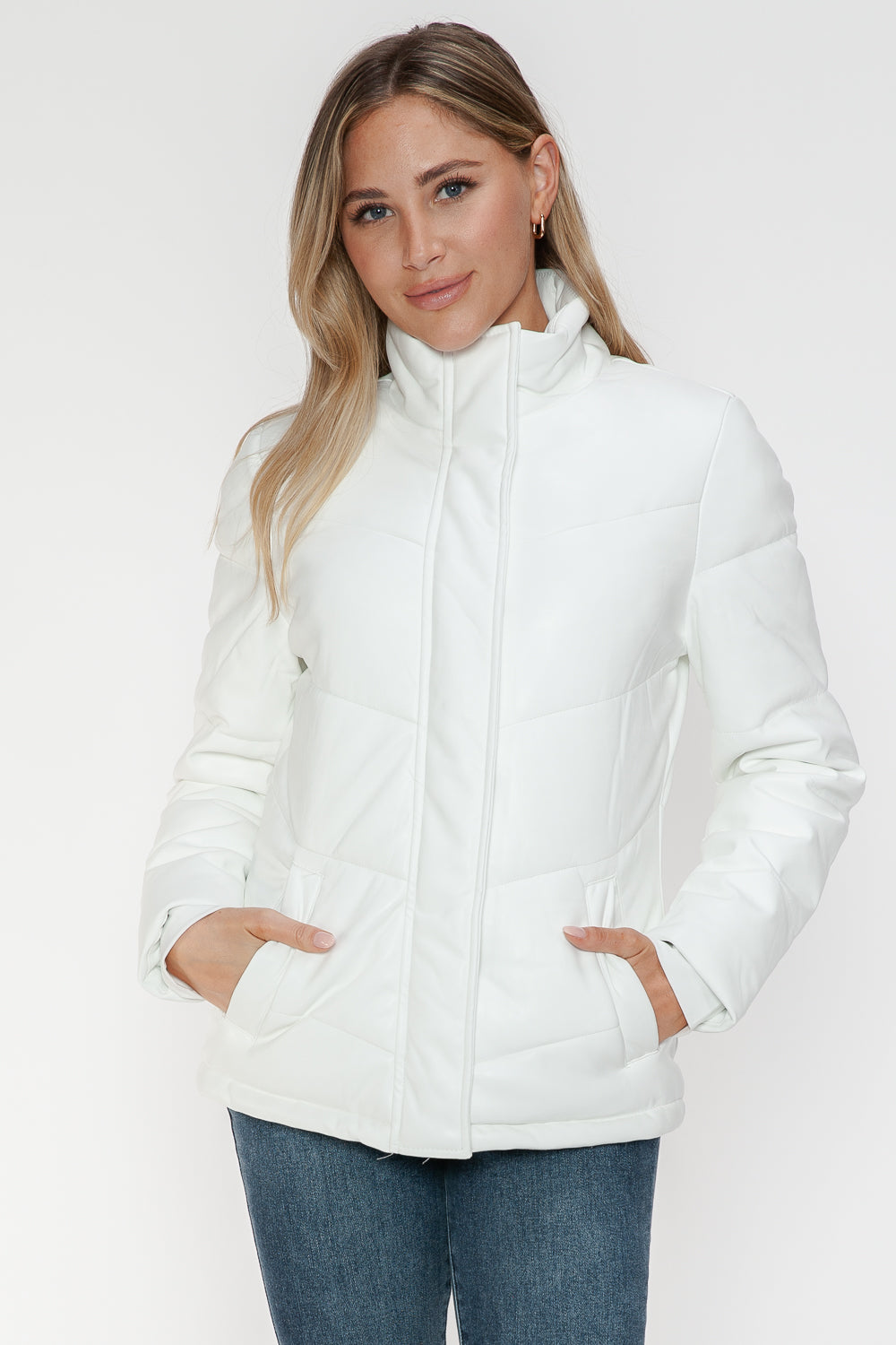 Snobbish Pocketed Zip Up Turtleneck Puffer Jacket White