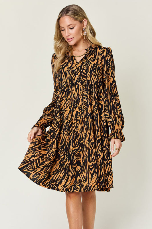 Printed Ruffle Hem Long Sleeve Dress Caramel