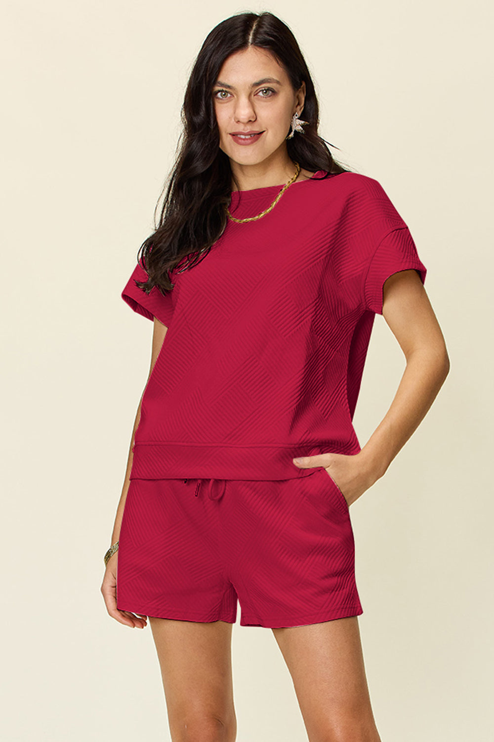 Textured Drawstring Shorts and Tee Set Deep Red