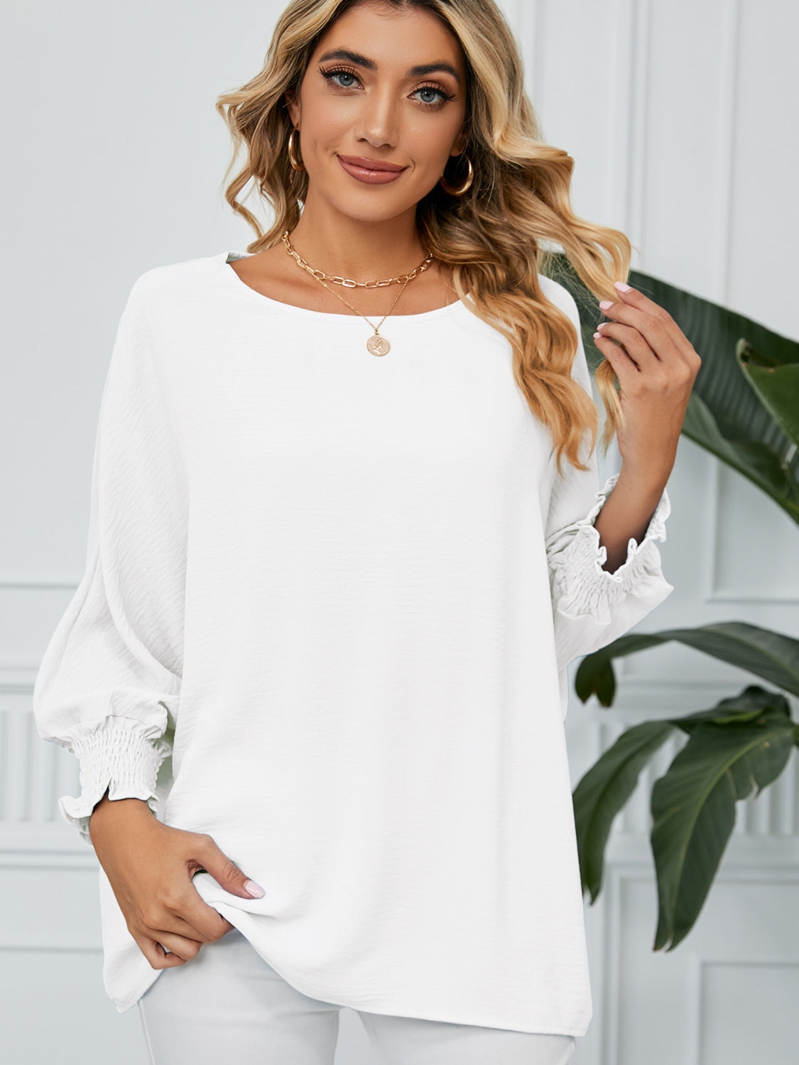 Smocked Lantern Sleeve Round Neck Blouse White