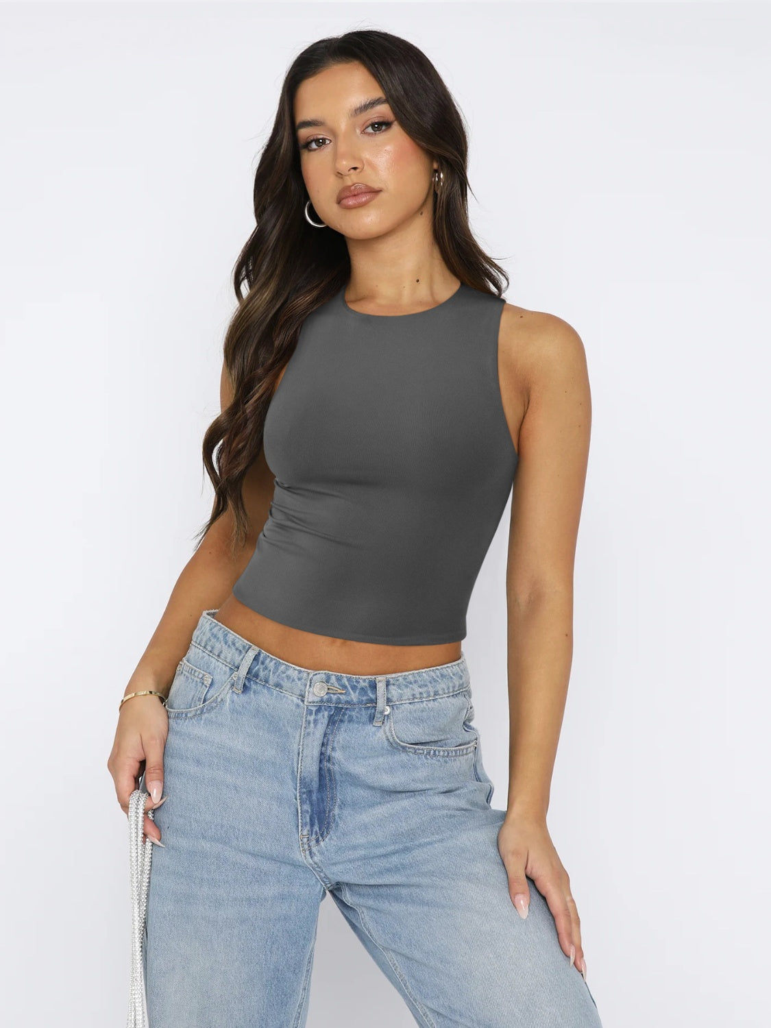 Round Neck Cropped Tank Dark Gray