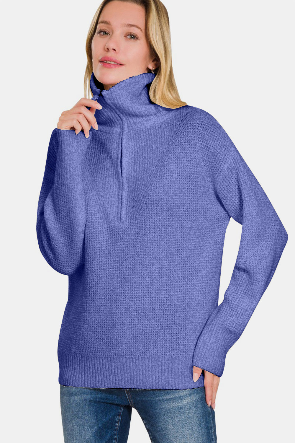 Zenana Half Zip Long Sleeve Sweater Marlin