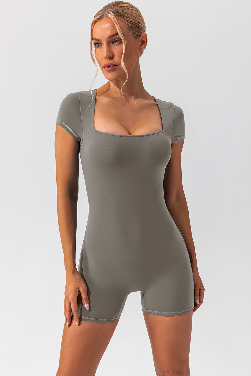 Square Neck Cap Sleeve Active Romper Gray