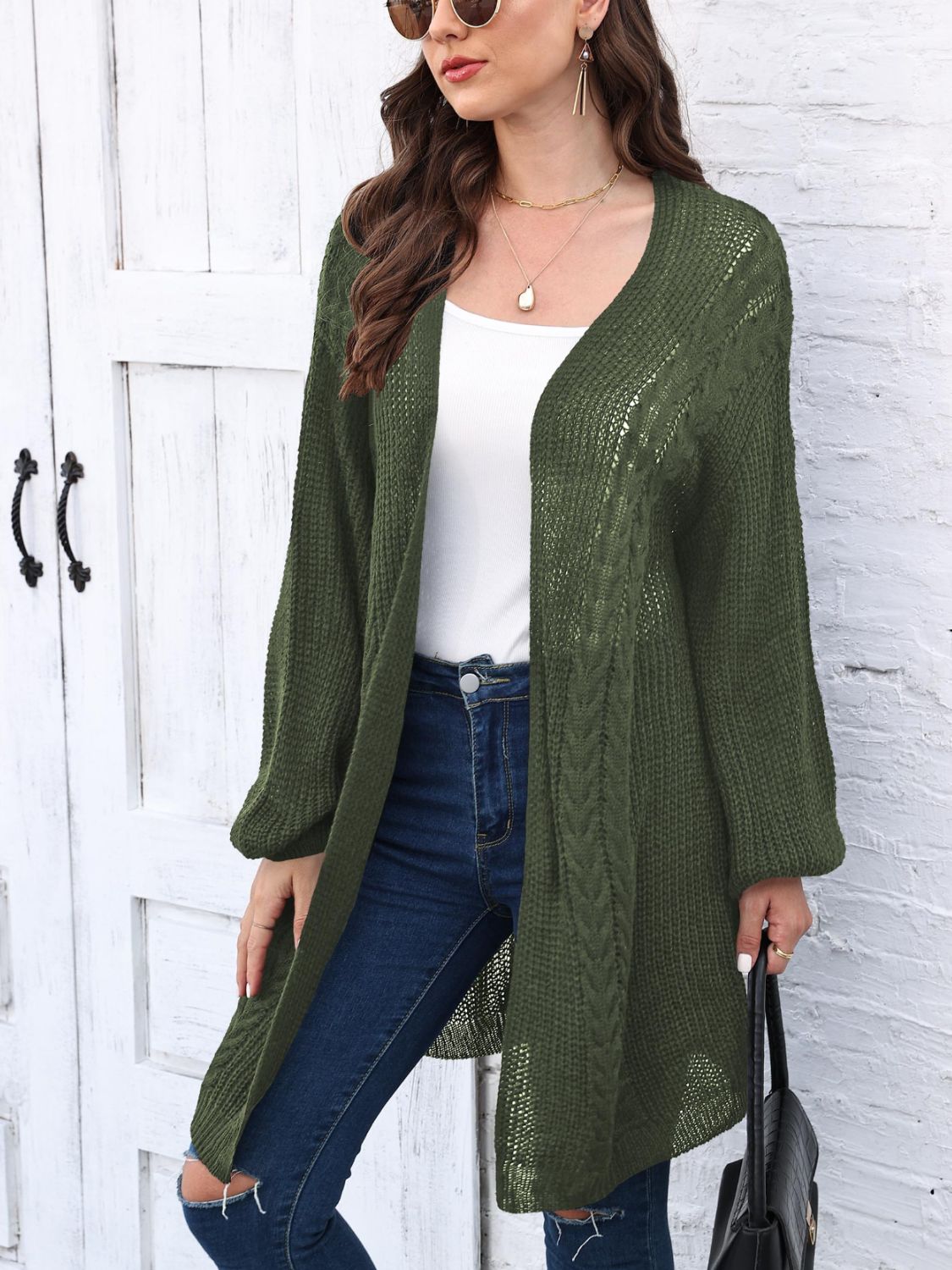 Cable-Knit Open Front Long Sleeve Cardigan Army Green One Size