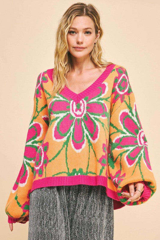 Davi & Dani Floral Contrast V-Neck Dropped Shoulder Sweater Neon Orange Multicolor