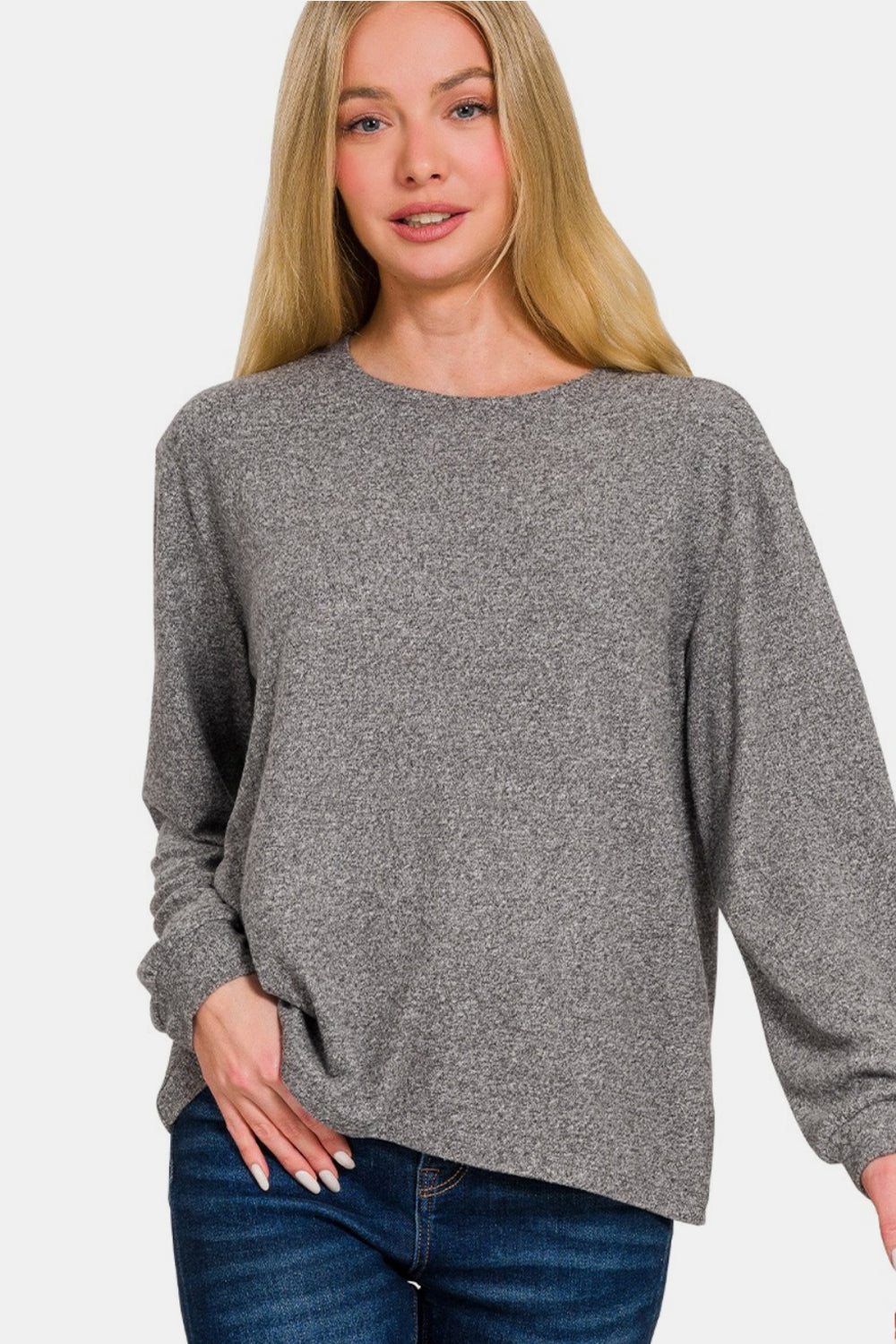 Zenana Hacci Round Neck Long Sleeve T-Shirt Black