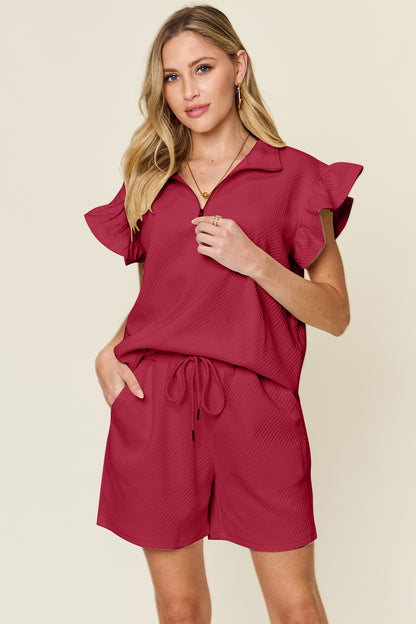 Textured Flounce Sleeve & Drawstring Shorts Set Deep Red