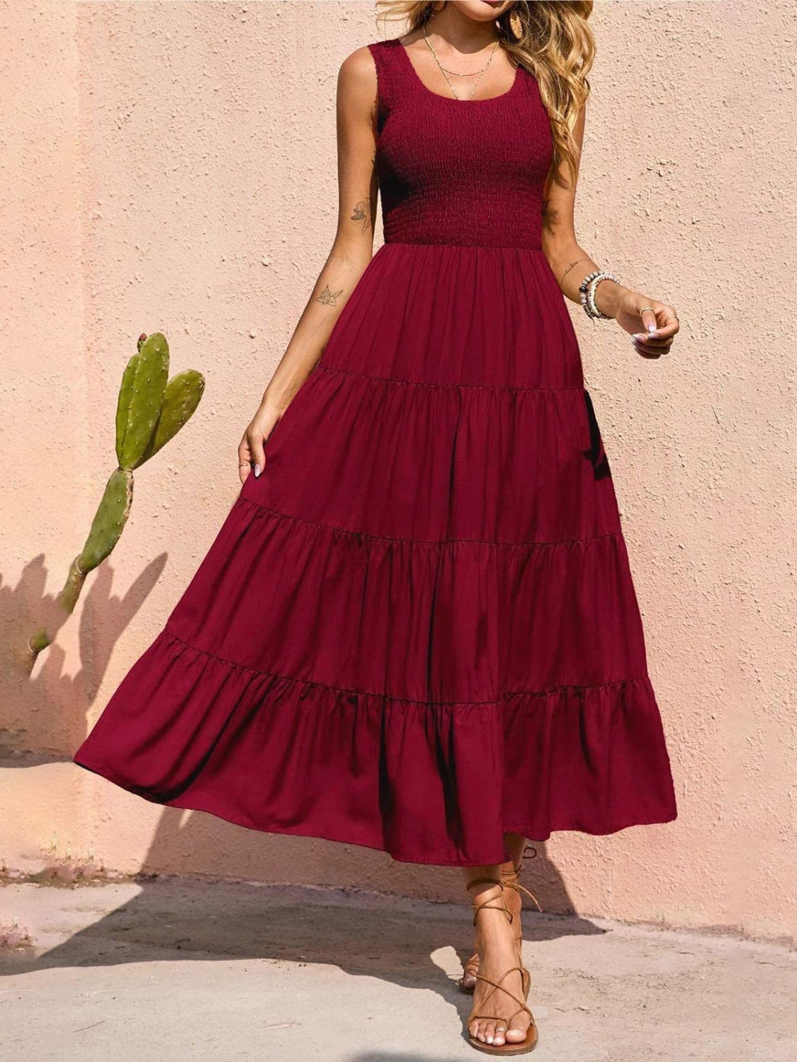 Smocked Tiered Midi Dress with Wide Straps Wine