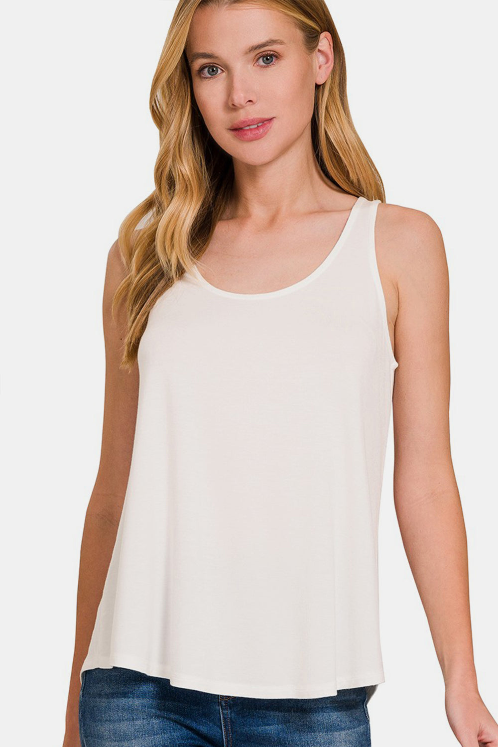 Zenana Round Neck Flowy Hem Tank Ivory