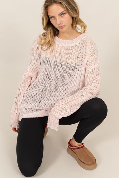 HYFVE Distressed Long Sleeve Knit Top Pale Pink