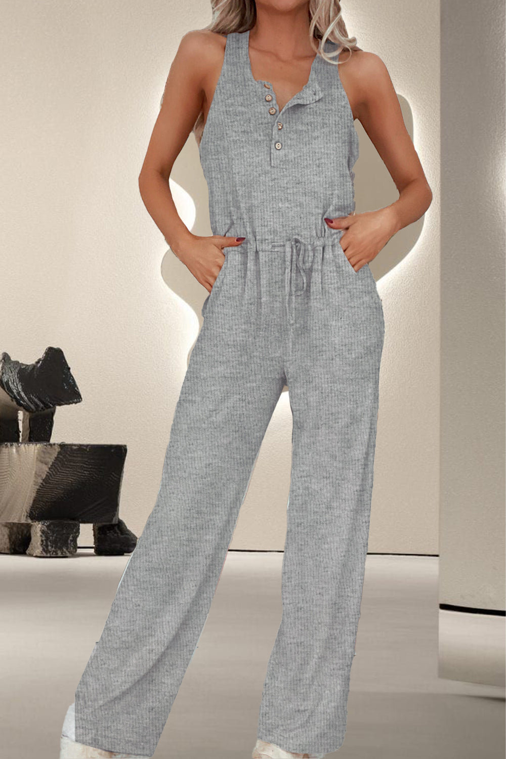 Drawstring Quarter Button Wide Strap Jumpsuit Dark Gray