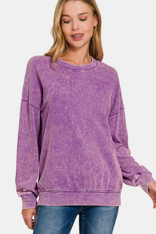 Zenana Washed Round Neck Dropped Shoulder Sweatshirt Violet