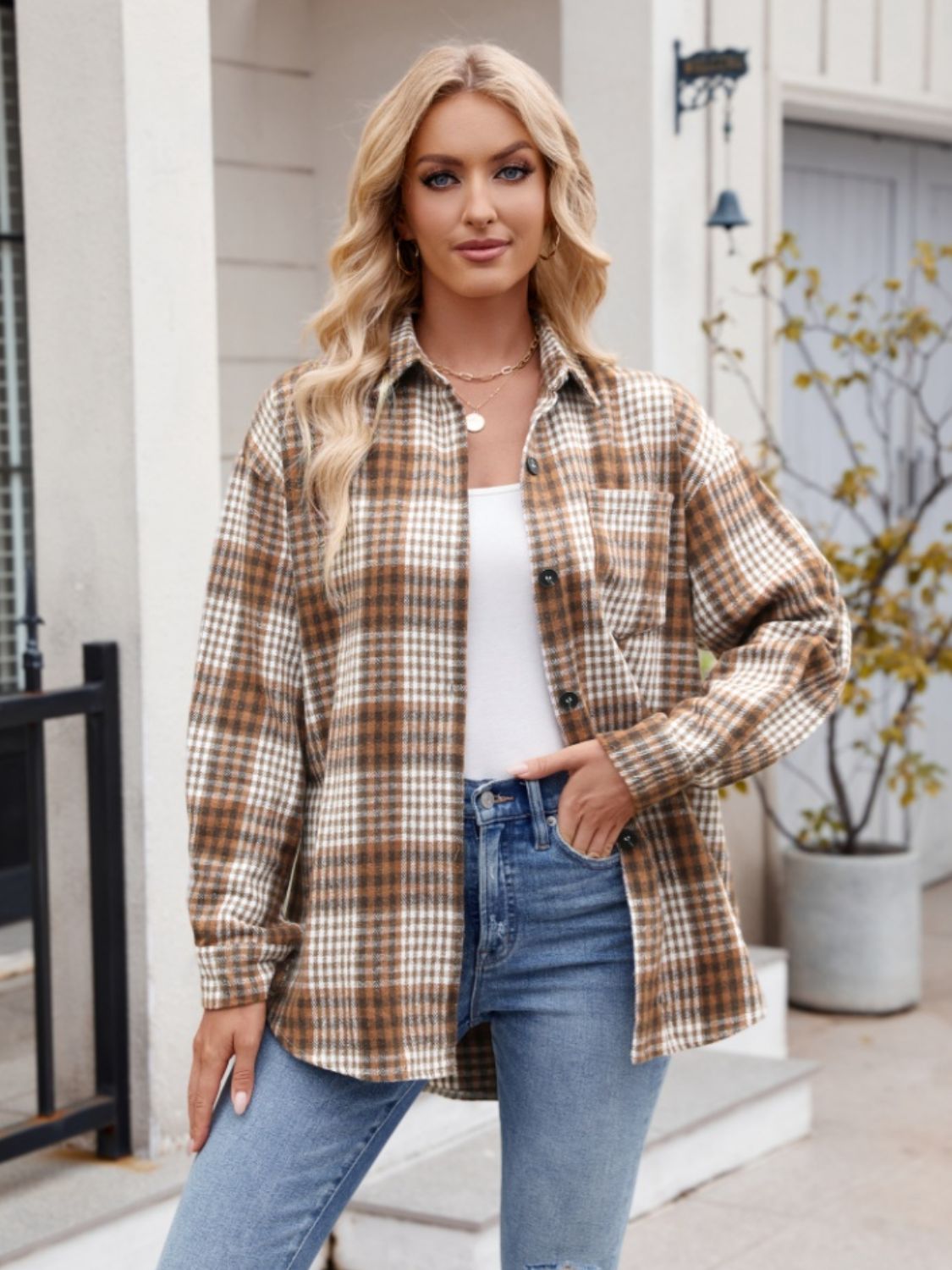 Stretchy Plaid Button-Down Shirt Caramel