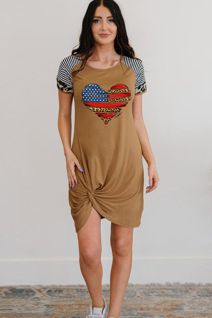 US Flag Heart Graphic Twisted Dress Camel