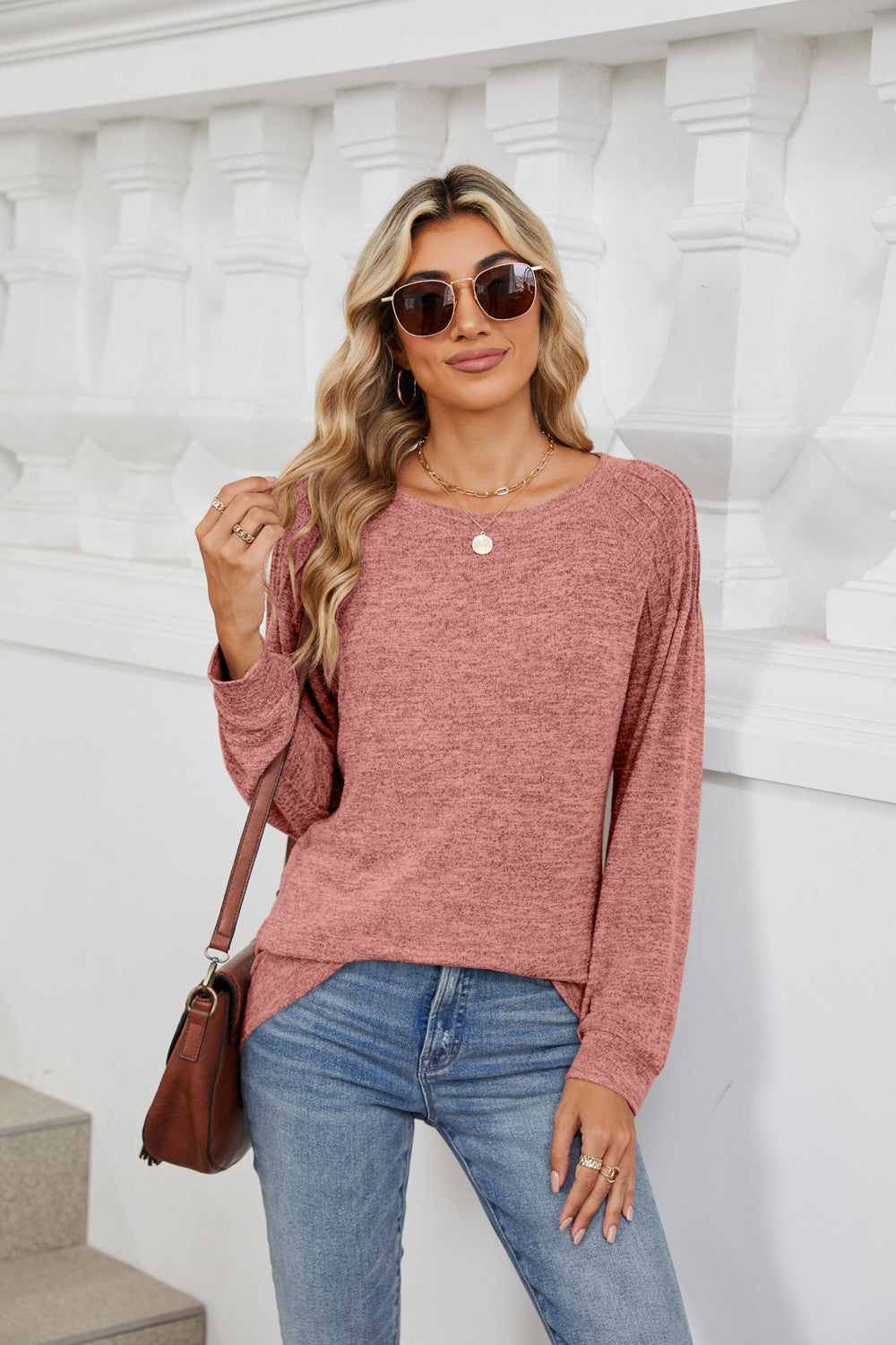 Round Neck Long Sleeve T-Shirt Burnt Coral