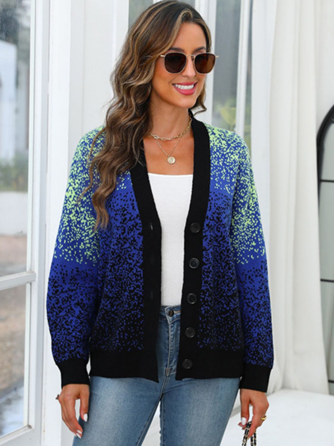 Button Up Long Sleeve Cardigan Navy One Size