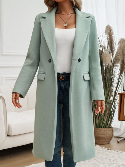 Devine Pocketed Collared Neck Long Sleeve Coat Sage