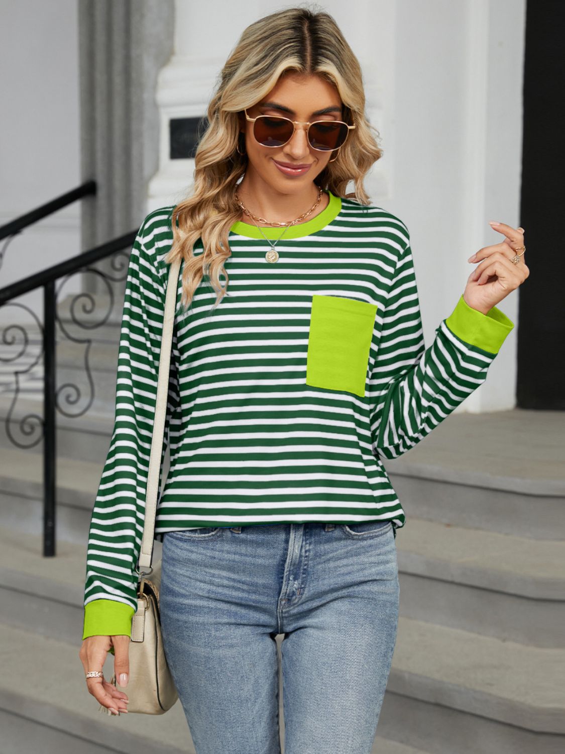 Back-to-School Striped Pocket Tee Dark Green