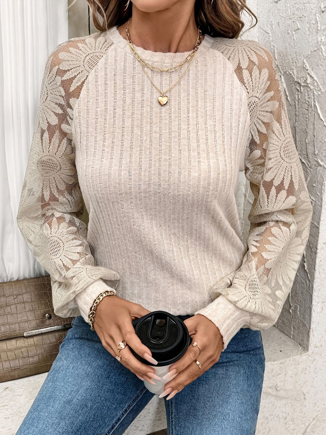 Round Neck Lace Patchwork Long Sleeve Top Dust Storm