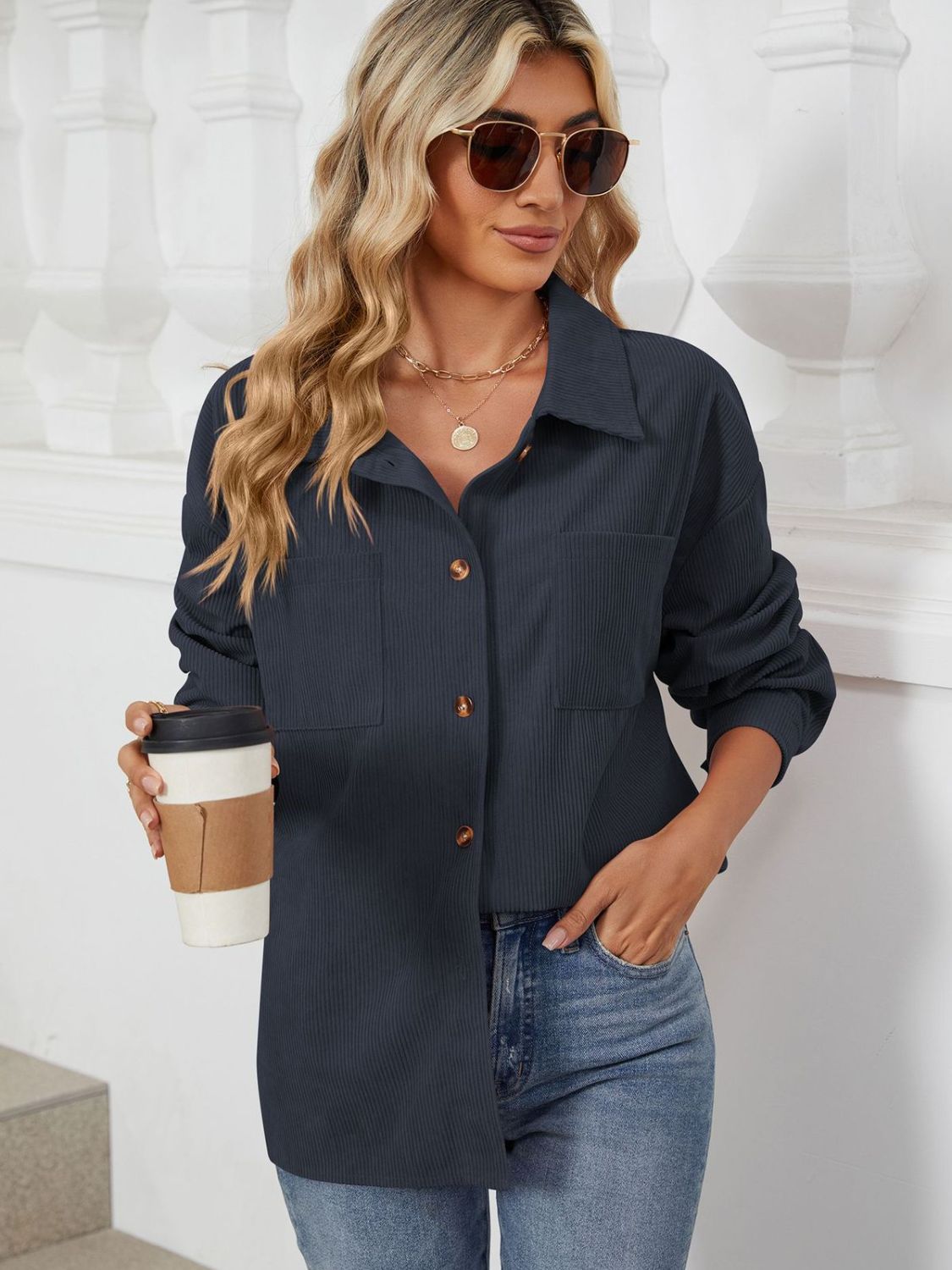 Button Up Dropped Shoulder Long Sleeve Outerwear Dark Navy