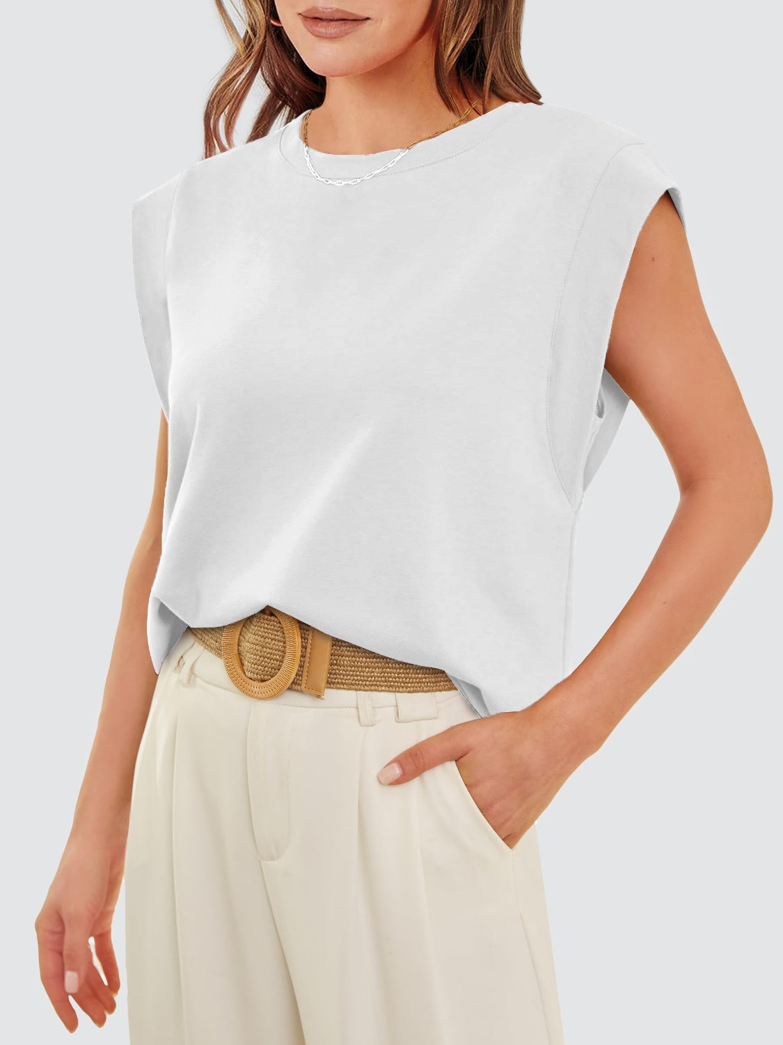 Classic Round Neck Cap Sleeve Top White