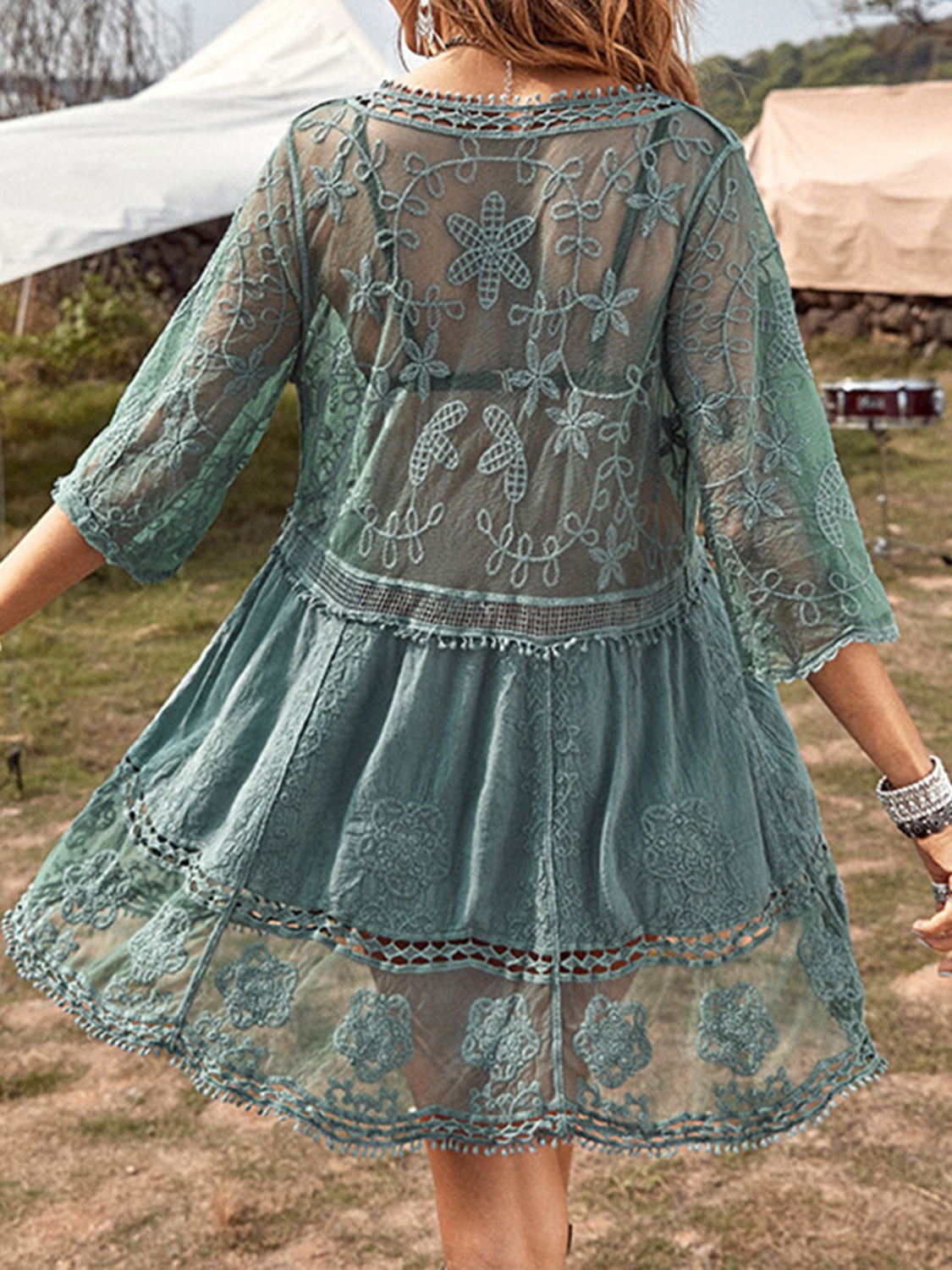 Semi-Sheer Lace Detail Beach Cover-Up Dress