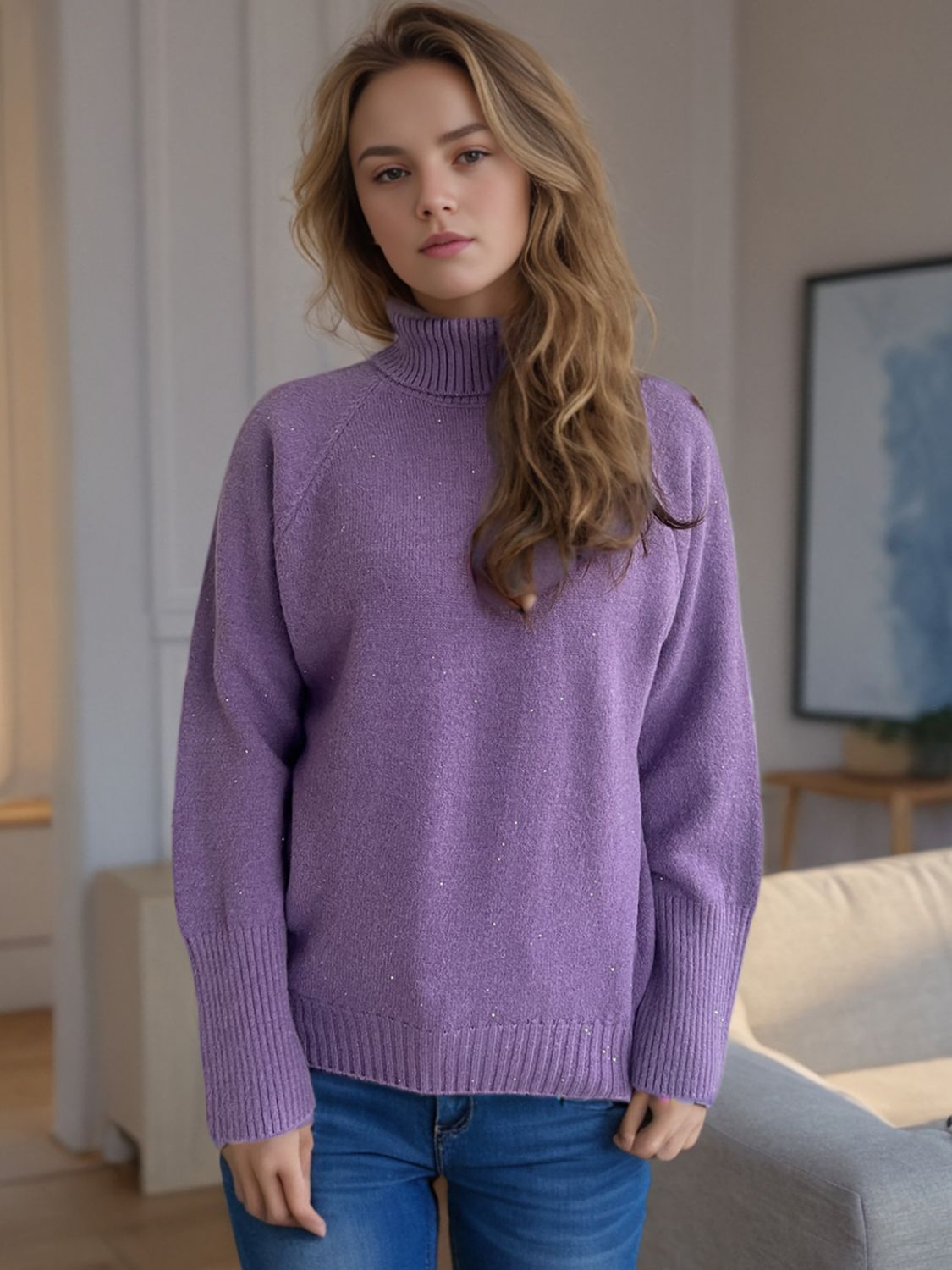 Turtleneck Raglan Sleeve Sweater Purple One Size