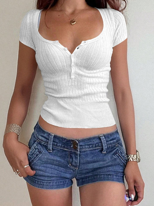 Half Button Scoop Neck Short Sleeve Knit Top White