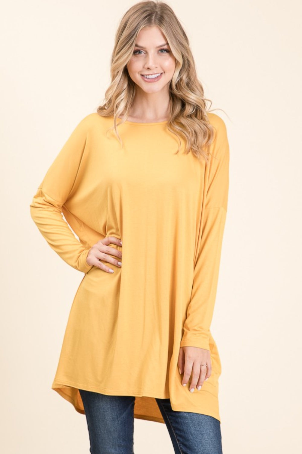 BOMBOM Round Neck Long Sleeve Oversized Top Yellow