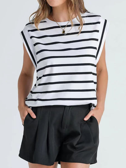 Striped Round Neck Cap Sleeve T-Shirt White