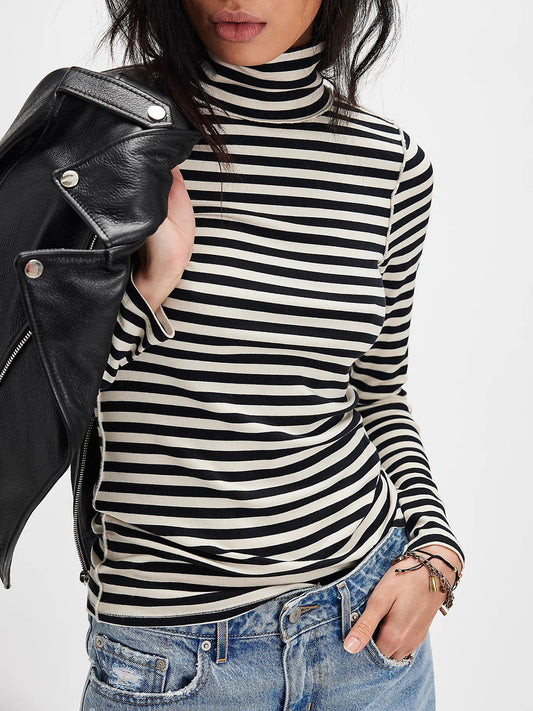 Exposed Seam Striped Turtleneck Long Sleeve T-Shirt Black white