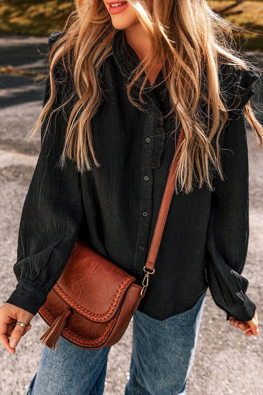 Ruffled Button Up Long Sleeve Shirt Black