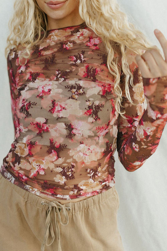 Floral Mock Neck Long Sleeve Sheer Top Floral