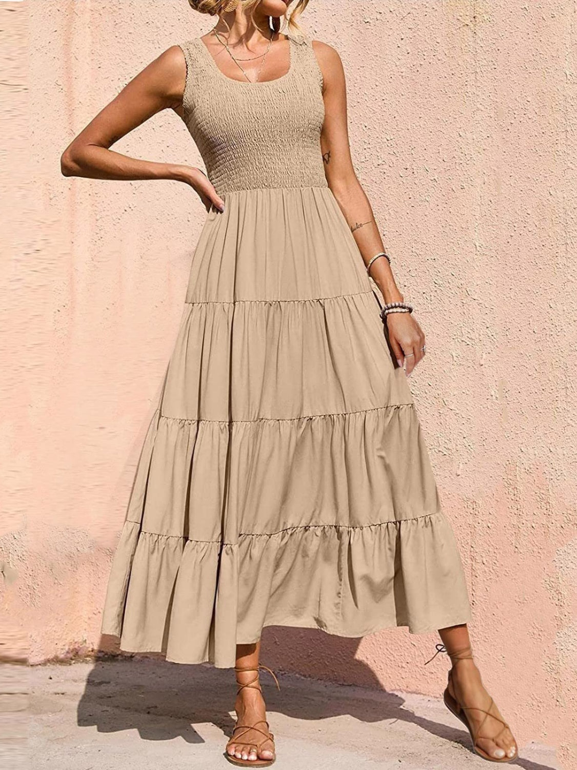 Smocked Tiered Midi Dress with Wide Straps Khaki