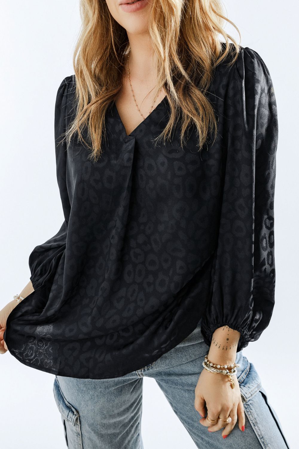 Leopard V-Neck Balloon Sleeve Blouse Black