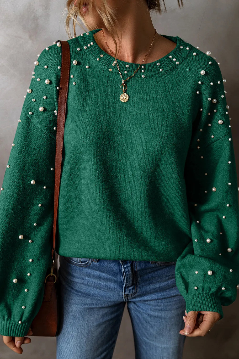 Pearl Detail Round Neck Long Sleeve Sweater Dark Green