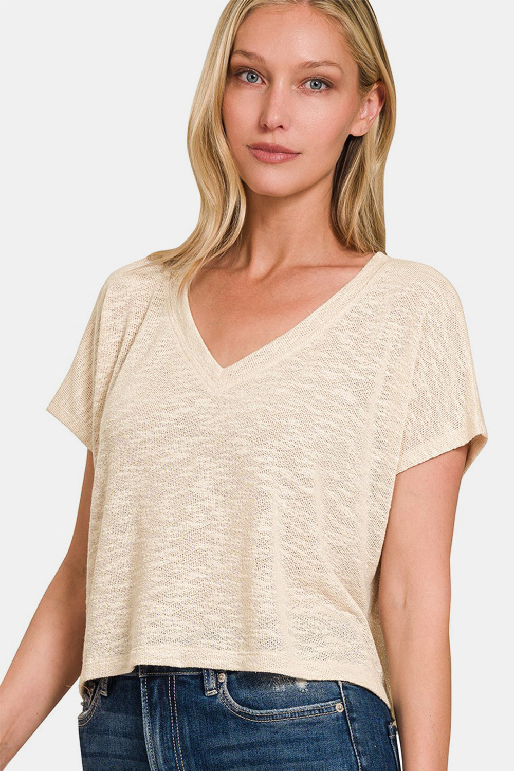 Zenana V-Neck Short Sleeve Crop T-Shirt Sand Beige