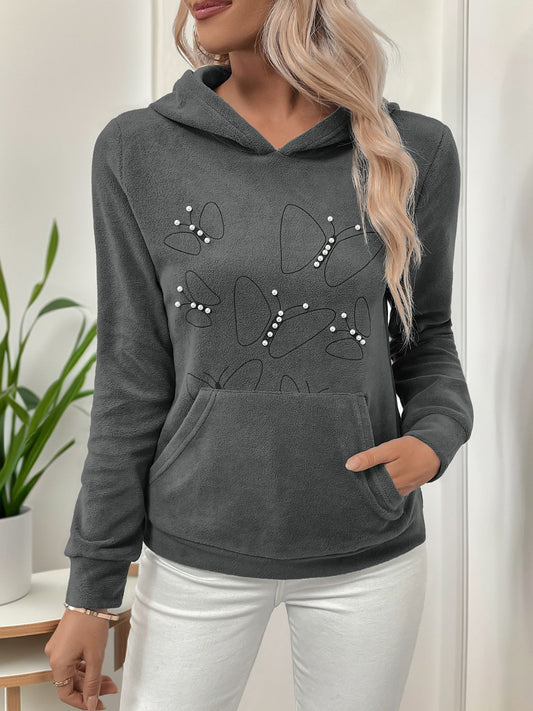 Perfee Pearl Butterfly Long Sleeve Hoodie Dark Gray