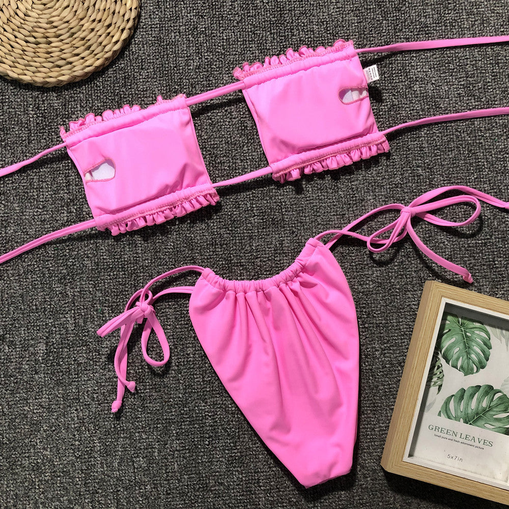 Ruched bikini set with flirty frill trim