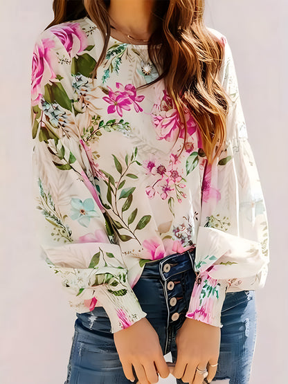 Printed Round Neck Lantern Sleeve Blouse Hot Pink