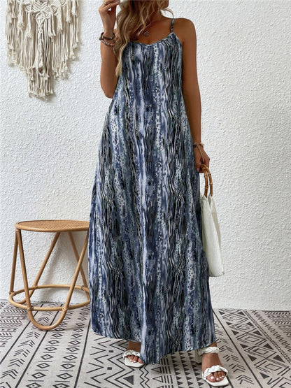 Full Size Printed Scoop Neck Maxi Cami Dress Dusty Blue