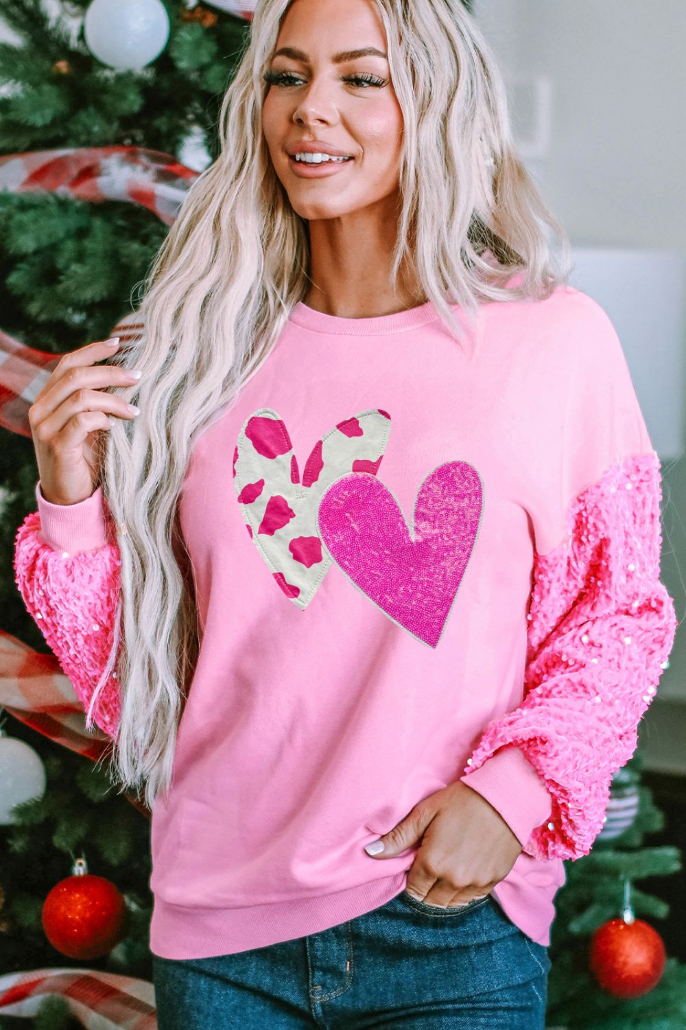 Valentine’s Day Sequin Heart Long Sleeve Sweatshirt Fuchsia Pink